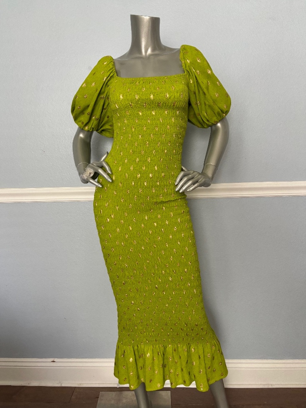 Never Fully Dressed Dress Green Gold Jojo Smocked Ruffled Midi Nwt